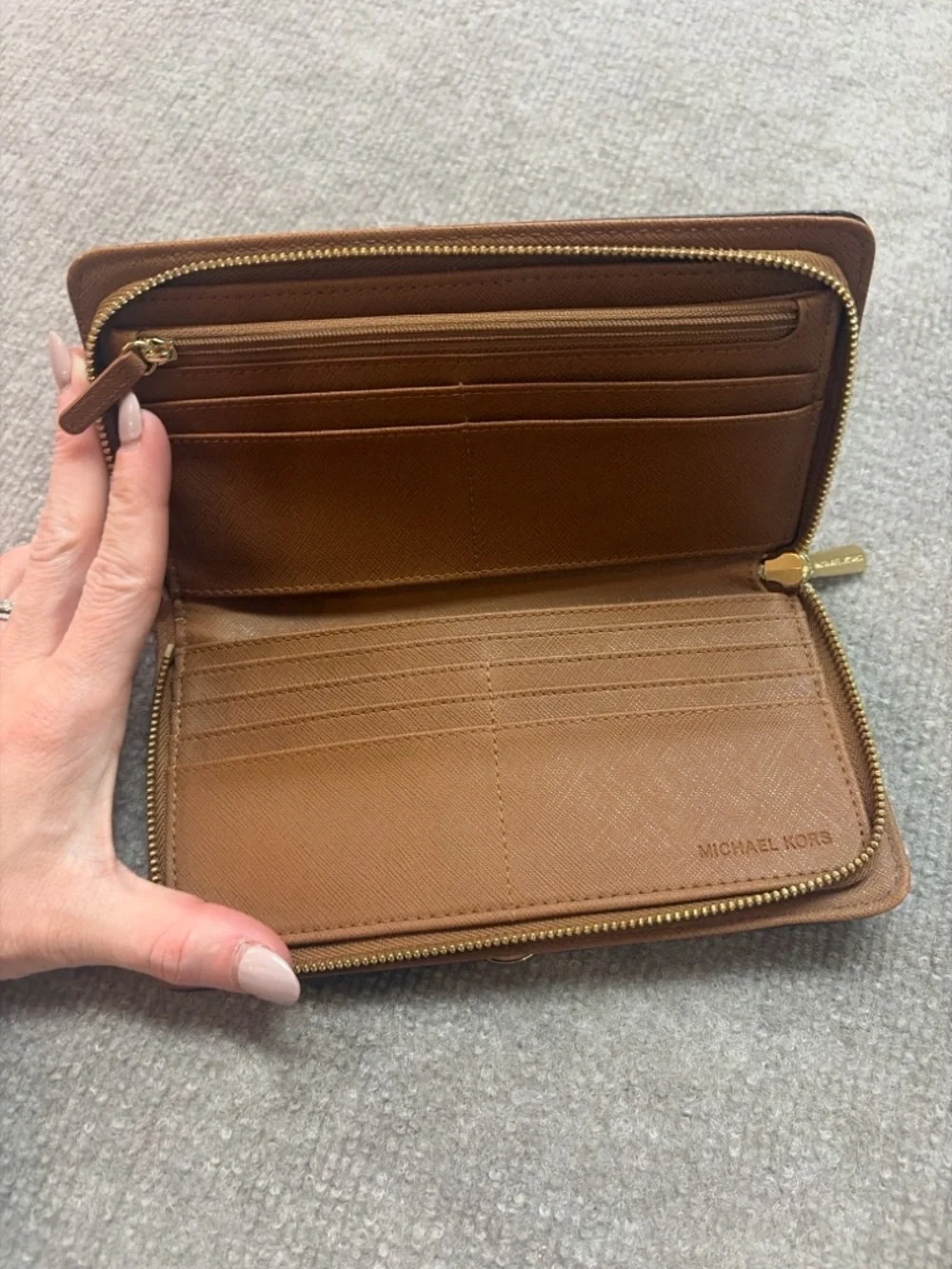 Michael Kors Dark Brown MK Monogram Continental Wallet with Gold Charm